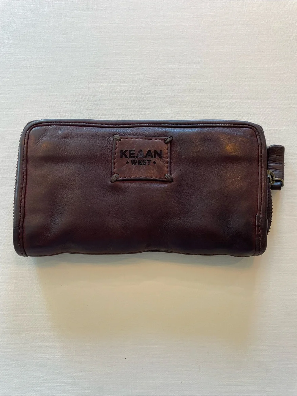 KEANN West Dark Brown distressed Leather Zip Wallet with Rose Embroidery